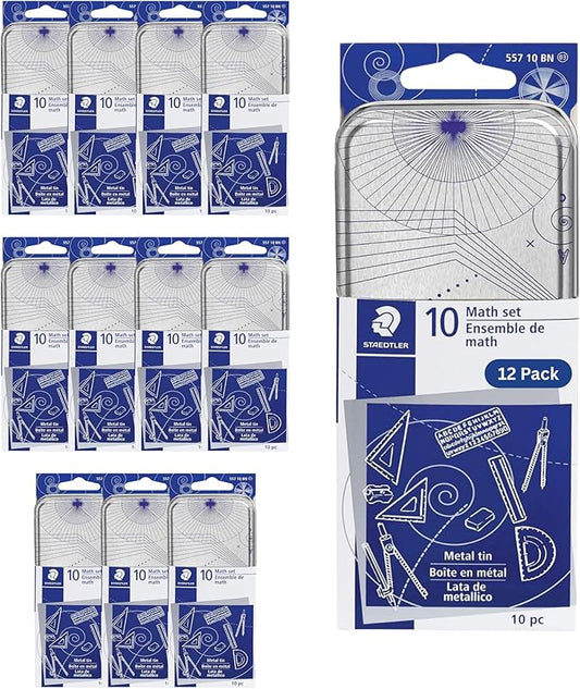 STAEDTLER 10-Piece Math Set with Metal Compass 12-Pack (12 Sets of 10 pcs), 6" Ruler & Triangle Squares, 45° & 30/60° Set Squares, Alphabet Stencil - Measuring Tools, 120 Count