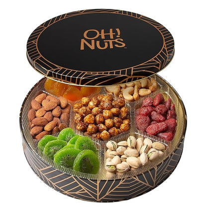 Oh! Nuts 7 Section Dried Fruits and Nuts Gift Basket - Gourmet Assorted Fruit & Nut Gifts Baskets - Healthy Food Round Metal Tin Box - Festive Gifts for Holiday, Birthday, Corporate Women & Men