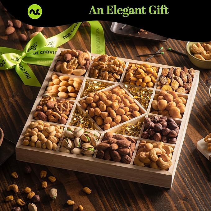 NUT CRAVINGS - Thanksgiving Mixed Nuts Gift Basket in Reusable Diamond Wooden Tray + Green Ribbon (13 Assortments) Holiday Xmas Christmas Food Arrangement Healthy Snack Care Package