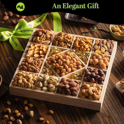NUT CRAVINGS - Thanksgiving Mixed Nuts Gift Basket in Reusable Diamond Wooden Tray + Green Ribbon (13 Assortments) Holiday Xmas Christmas Food Arrangement Healthy Snack Care Package