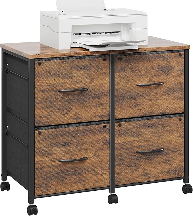 4 Drawer Lateral File Cabinet, Mobile Filing Cabinet for Large Printer, Home Office Functional Small Office Storage Cabinet & Printer Stand, Fits Letter/A4, 30.4''W, Rustic Brown