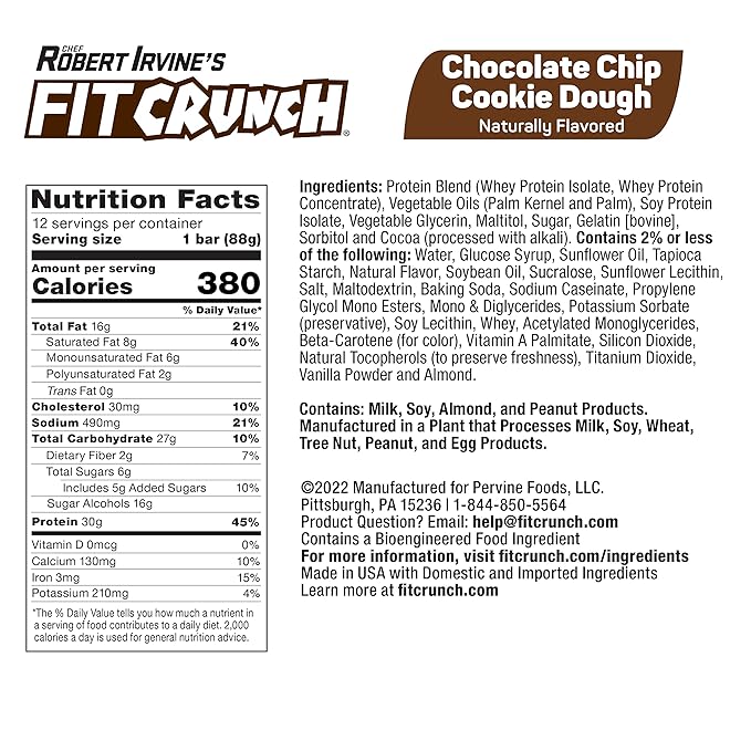 FITCRUNCH Full Size Protein Bars, 6-Layer Baked Bar, 6g of Sugar, Gluten Free & Soft Cake Core (Chocolate Chip Cookie Dough)