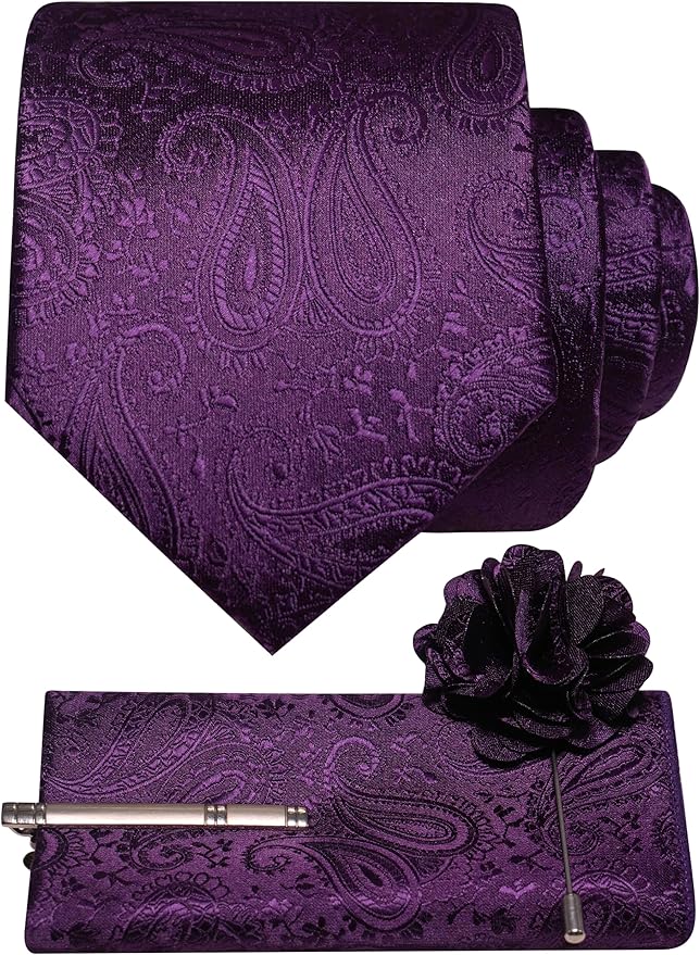 JEMYGINS Mens Paisley Tie and Lapel Pin Necktie Pocket Square and Tie Clip with Sets for Business Casual 4PCS