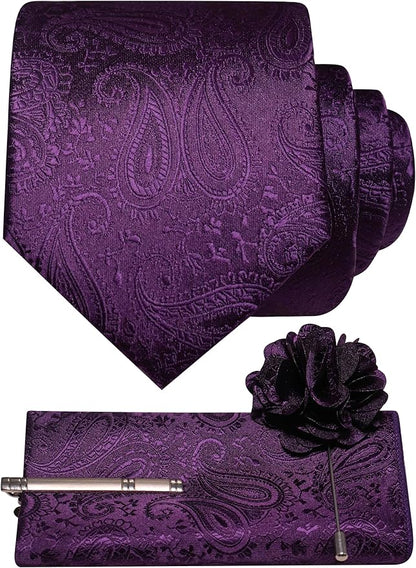 JEMYGINS Mens Paisley Tie and Lapel Pin Necktie Pocket Square and Tie Clip with Sets for Business Casual 4PCS