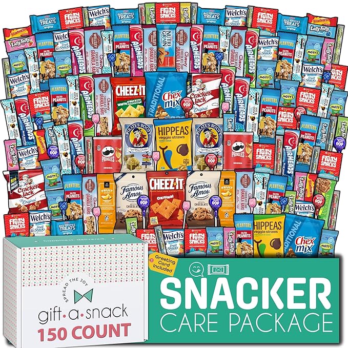 Gift A Snack - Halloween Trick or Treats Snack Box Variety Pack Care Package + Greeting Card (150 Count) Birthday Sweet Treats Gift Basket, Candies Chips Crackers Bars, Office Food Assortments