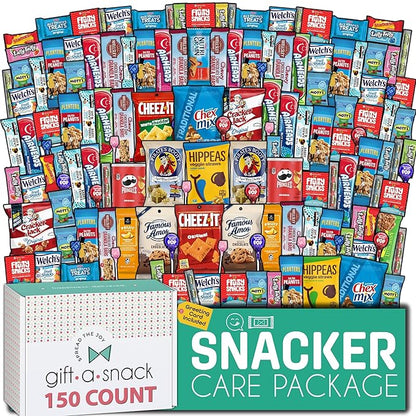 Gift A Snack - Halloween Trick or Treats Snack Box Variety Pack Care Package + Greeting Card (150 Count) Birthday Sweet Treats Gift Basket, Candies Chips Crackers Bars, Office Food Assortments