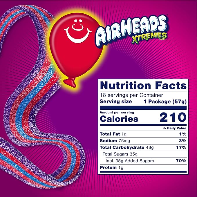 Airheads Xtremes Belts Holiday Sweetly Sour Candy, Very Berry, Christmas Stocking Stuffers for Adults & Kids, Non-Melting, Candy for Christmas Bulk Party Bag, 2 oz (Pack of 18)