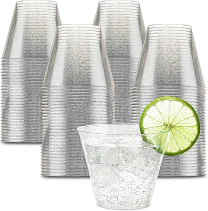 PLASTICPRO 9 oz Disposable Plastic Party Cups,Old fashioned Designed Tumblers, Silver Glitter 100 Count,