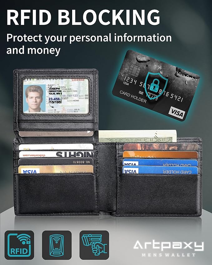 Mens Wallet Bifold Genuine Leather RFID Blocking Wallet for Men with 2 ID Windows 12 Card Holders 2 cash pockets 1 Gift Box