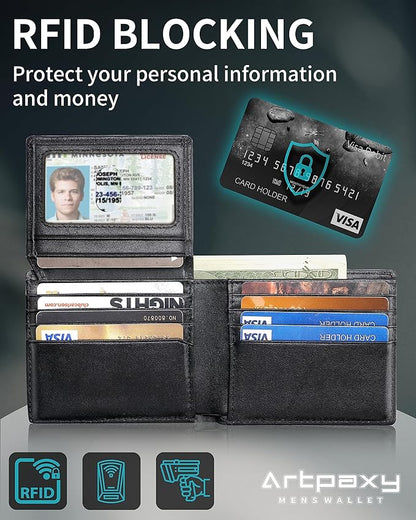 Mens Wallet Bifold Genuine Leather RFID Blocking Wallet for Men with 2 ID Windows 12 Card Holders 2 cash pockets 1 Gift Box