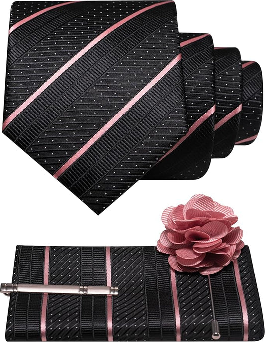 JEMYGINS Mens Striped Tie and Lapel Pin Necktie Pocket Square with Tie Clip Sets for Business Casual 4PCS