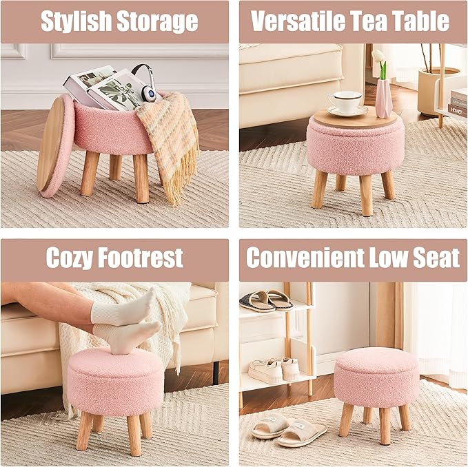 Poofzy Small Ottoman with Storage, Small Foot Stool Ottoman with Wood Legs, Sherpa Foot Rest for Couch, Living Room and Bedroom - Pink