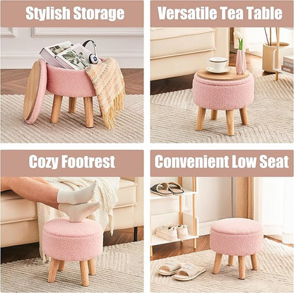 Poofzy Small Ottoman with Storage, Small Foot Stool Ottoman with Wood Legs, Sherpa Foot Rest for Couch, Living Room and Bedroom - Pink
