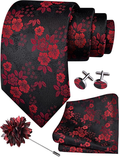 GUSLESON 3.15"（8cm） Mens Floral Tie and Lapel Pin Necktie Hankerchief Cufflinks Set for Men