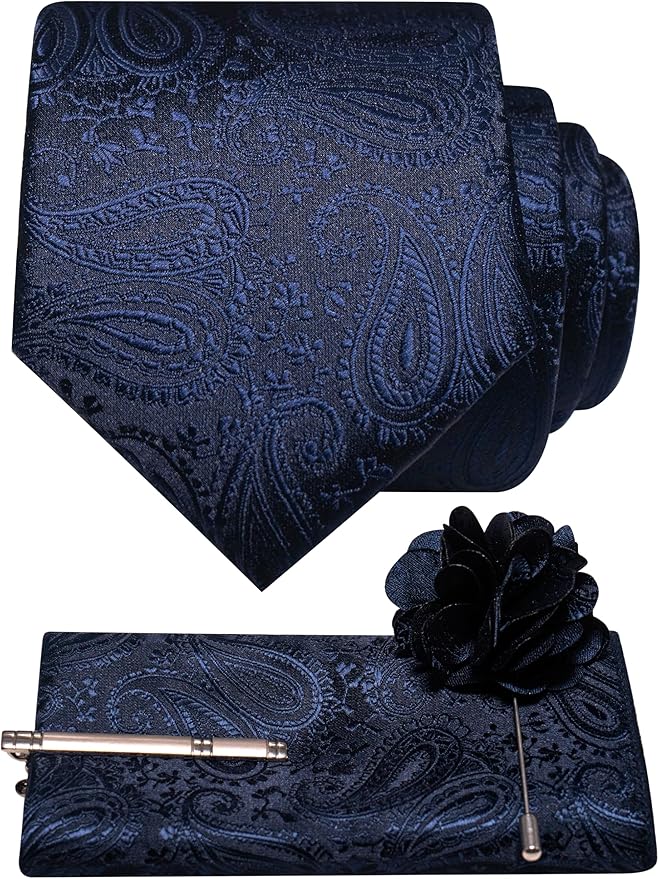 JEMYGINS Mens Paisley Tie and Lapel Pin Necktie Pocket Square and Tie Clip with Sets for Business Casual 4PCS