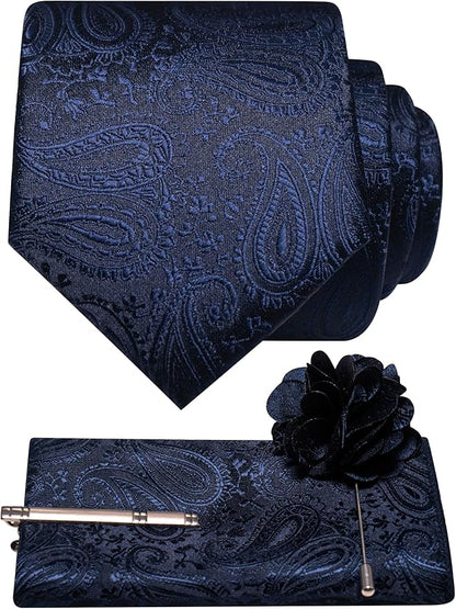 JEMYGINS Mens Paisley Tie and Lapel Pin Necktie Pocket Square and Tie Clip with Sets for Business Casual 4PCS