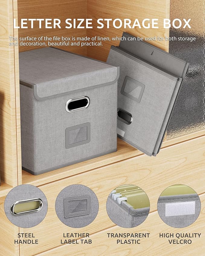 Oterri 2 Pack File Organizer Box,File Box,Small File Cabinet for Letter Folders,Gray-white Portable Filing Box,Hanging File Folder Organizer Box with Lid for Office- without Folders