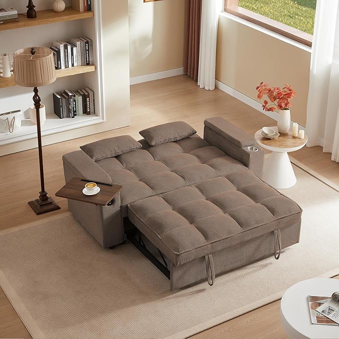 65'' Convertible Sleeper Sofa Bed with Adjustable Backrest, Chaise Lounge, Side Table & USB/Type-C Ports – Stylish & Functional Addition to Any Living Room (Brown)