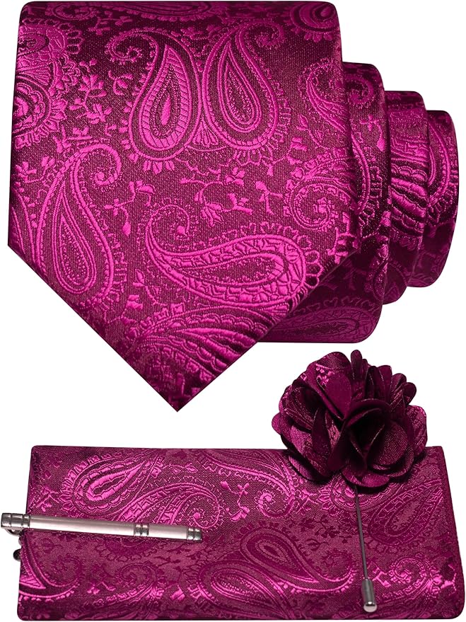 JEMYGINS Mens Paisley Tie and Lapel Pin Necktie Pocket Square and Tie Clip with Sets for Business Casual 4PCS