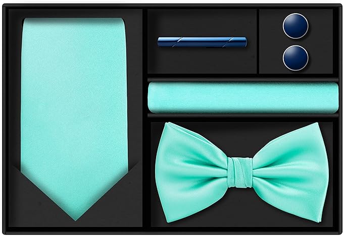 TIE G 5pcs Tie Set in WHITE OR BLACK GIFT BOX: Solid Color Necktie, Satin Bow Tie, Pocket Square, Lapel, Cuff Links