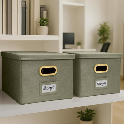 ZICOTO Decorative File Organizer Box Set of 2 - Collapsible Linen Filing Cabinets w/Handles Are Perfect to Store all Your Documents & Hanging File Folders - Portable Easy Slide Crates with Lid