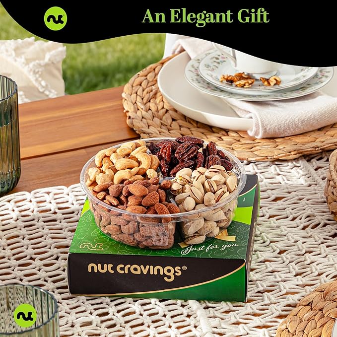 NUT CRAVINGS - Thanksgiving Mixed Nuts Gift Basket in Green Gold Box (4 Assortments) Holiday Xmas Christmas Food Arrangement, Healthy Snack Care Package, Food Assortments