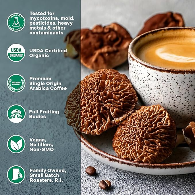 Organic Mushroom Coffee 3 Bag Gift Box Set, Lion's Mane & Chaga, Red Reishi & Chaga Decaffeinated, Turkey Tail & Cordyceps, Immune Support & Overall Wellbeing Dark Roast 36oz Ground