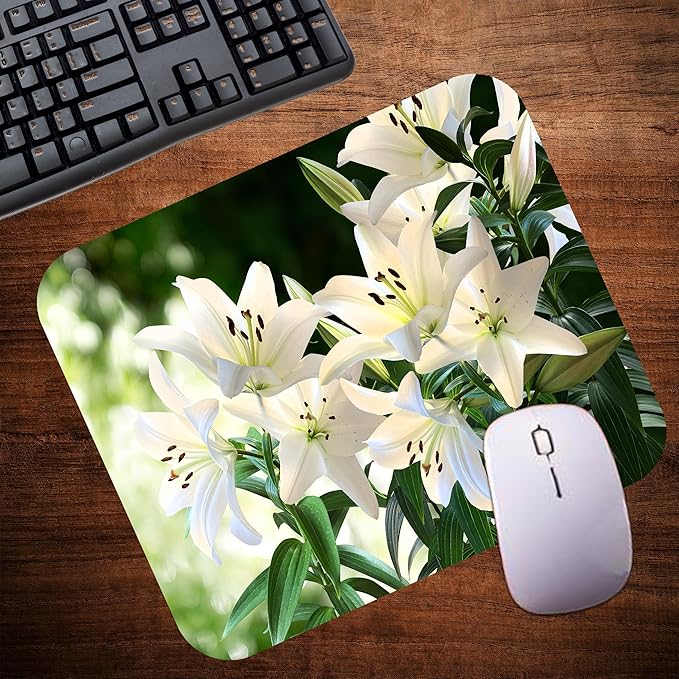 Floral Pattern Flower Mouse Pad Mat Mousepad for Desk Computer Laptop PC Gaming Home or Office Gift for Her Flowers (White Lily MP106)
