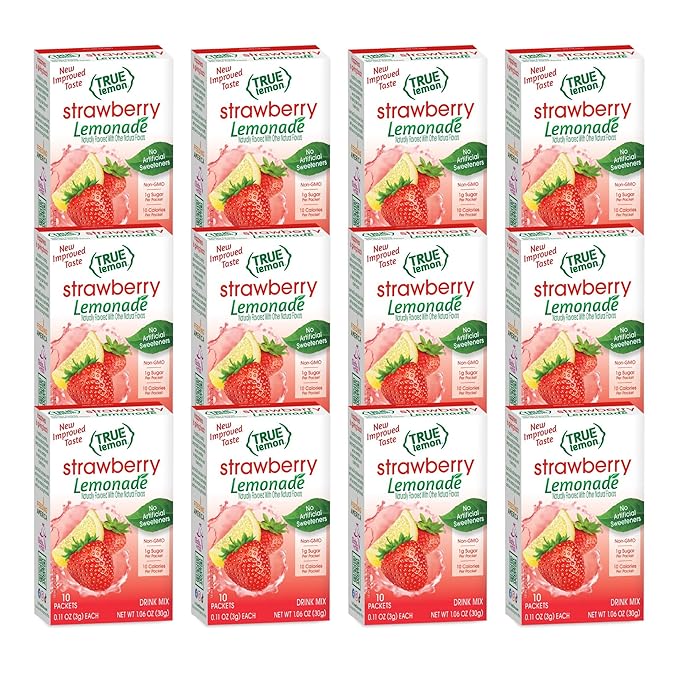 True Lemon Strawberry Lemonade Drink Mix, Made from Real Lemons, Low Calorie, Low Sugar, Lemonade Drink Mix, 10 Count, 1.06 oz (Pack of 12)