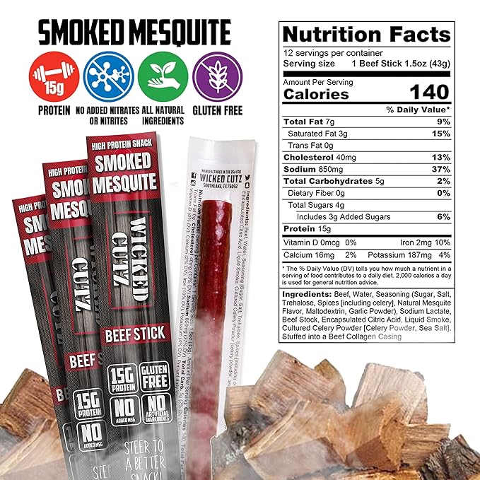 Wicked Cutz Beef Sticks Variety Pack, 4 Flavors & 15g Protein Per Meat Stick, Tender & Easy to Chew USA Made High Protein Meat Sticks, Extra Large Beef Stick, Carnivore Snacks (48 Pack)