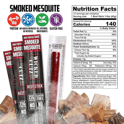 Wicked Cutz Smoked Mesquite Beef Sticks, 15g Protein Per Beef Stick, Tender & Juicy Extra Large Meat Stick, USA Made High Protein Meat Sticks, Carnivore Snacks (12 Pack)