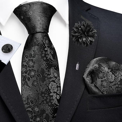 GUSLESON 3.15"（8cm） Mens Floral Tie and Lapel Pin Necktie Hankerchief Cufflinks Set for Men