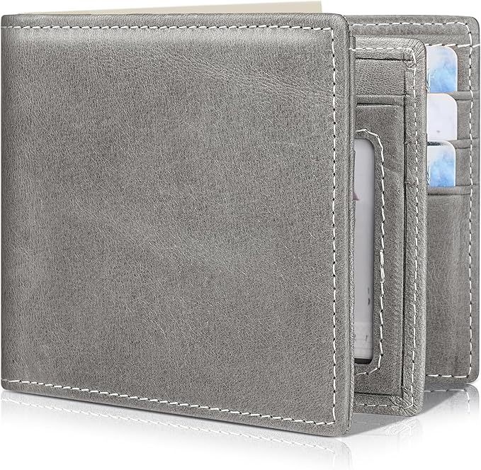 Mens Wallet Bifold Genuine Leather RFID Blocking Wallet for Men with 1 ID Windows 13 Card Holders 2 cash pockets 1 Gift Box