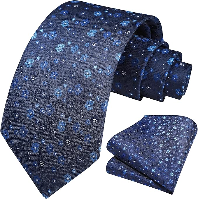 HISDERN Men Floral Ties Woven Classic 3.4" Necktie Set Formal Tie Pocket Square for Wedding with Handkerchief Gift Box