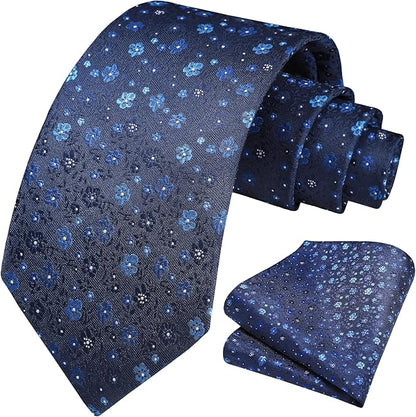 HISDERN Men Floral Ties Woven Classic 3.4" Necktie Set Formal Tie Pocket Square for Wedding with Handkerchief Gift Box
