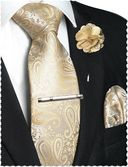 JEMYGINS Mens Paisley Tie and Lapel Pin Necktie Pocket Square and Tie Clip with Sets for Business Casual 4PCS