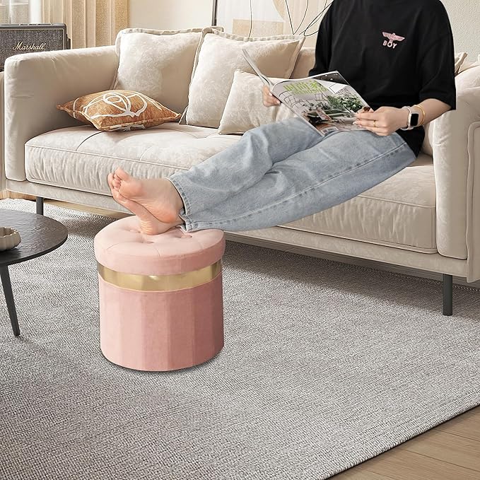 Small Ottoman with Storage,Folding Round Ottoman with Gold Trim,Velvet Storage Stool,Foot Stool with Soft Padded,Foot Rest for Living Room13“x13”x12.4(Pink,1pcs)