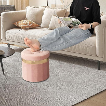 Small Ottoman with Storage,Folding Round Ottoman with Gold Trim,Velvet Storage Stool,Foot Stool with Soft Padded,Foot Rest for Living Room13“x13”x12.4(Pink,1pcs)