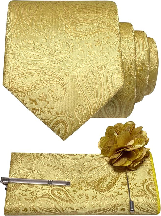 JEMYGINS Mens Paisley Tie and Lapel Pin Necktie Pocket Square and Tie Clip with Sets for Business Casual 4PCS