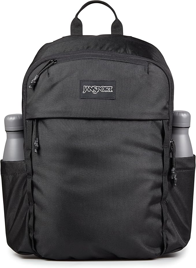 JanSport Venture Daypack – Travel Pack With Large Main Compartment, Padded Laptop Sleeve, Dual Water Bottle Pockets, and Attachment Buckles, Black