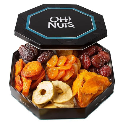 Oh! Nuts Dried Fruit Gift Basket 7 Variety Tin Box - Gourmet Arrangement Platter - Healthy Food Snack Box for Birthday, Anniversary, Corporate - Gift for Women & Men (Dried Fruits)