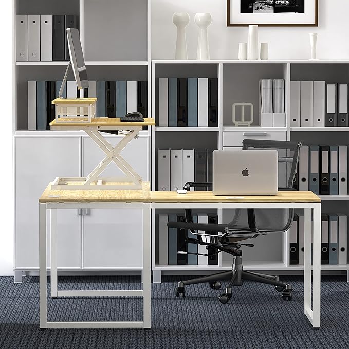 SHW 36-Inch Over Desk Height Adjustable Standing Desk with Monitor Riser, Oak