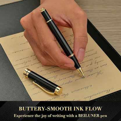 BEILUNER Personalized Ballpoint Pens, Stunning Black Chrome Metal Pen with Golden Trim, Best Ball Pen Gift Set for Men & Women, Executive, Office, Nice Pens-Gift Box with 0.5mm Black Extra Refill
