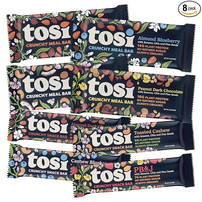 Tosi Variety Pack Protein Bars, Plant Based with Nuts, Gluten-Free Crunchy Snacks, Vegan, Organic, Flax & Chia Seeds, Soy-Free, Omega 3s, 5G-20G Protein, 1 oz and 2.4 oz, 8-Pack