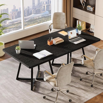 Tribesigns 31.5" Square Conference Table Set of 2, 63" Industrial Office Meeting Table for 4-6 People, Business Podcast Furniture with Metal Base for Small Spaces, Office Conference, Black
