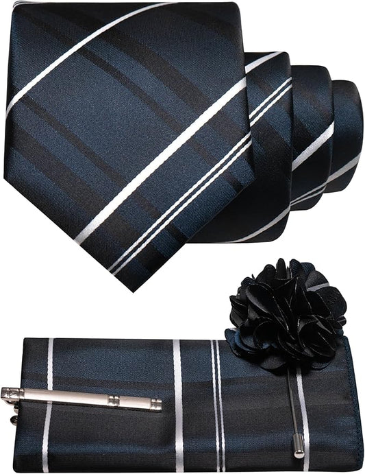 JEMYGINS Mens Striped Tie and Pocket Square with Tie Clip Lapel Pin Set 4PCS