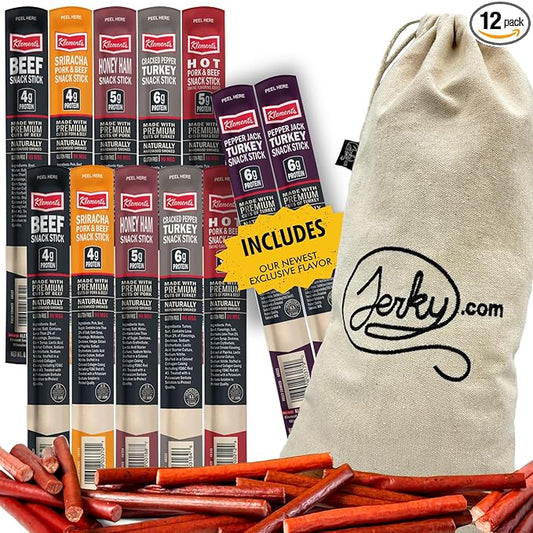 Jerky.com Jerky Gift Basket for Men | 12 Piece Meat Sticks Sampler with Pork, Ham, Sriracha, Turkey, Beef Sticks Variety pack | High Protein, Low Carb, Keto Friendly Christmas Gifts | Beef Jerky Gifts for Men