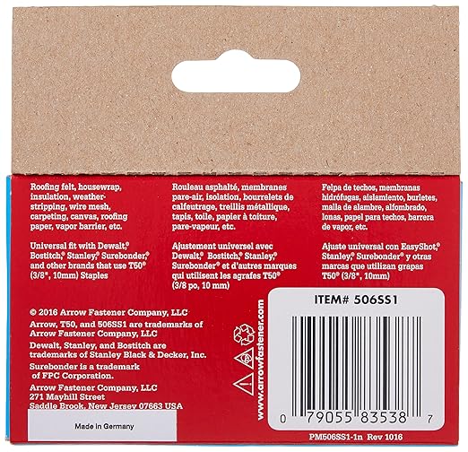 Arrow Fastener 506SS1 Heavy Duty T50 Stainless Steel Staples for Upholstery, Construction, Furniture, Crafts, 3/8-Inch Leg 3/8-Inch Crown Size,Length, 1000 Count (Pack of 1)