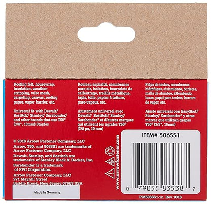 Arrow Fastener 506SS1 Heavy Duty T50 Stainless Steel Staples for Upholstery, Construction, Furniture, Crafts, 3/8-Inch Leg 3/8-Inch Crown Size,Length, 1000 Count (Pack of 1)