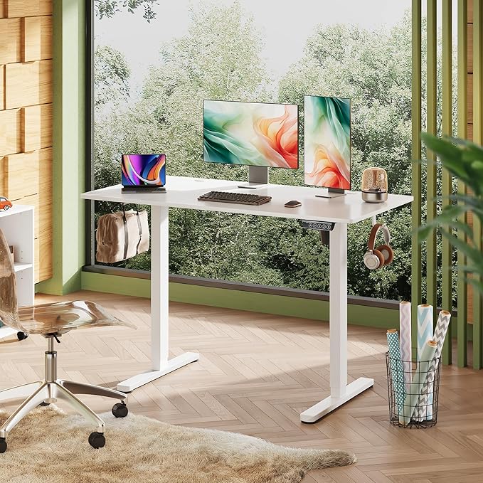 DEVAISE Whole Piece Standing Desk, 48 x 24 Inch Electric Standing Desk with Adjustable Height, 3-Preset Memory Sit Stand up Desk, One Piece Desktop Computer Desk for Home, Office (White)